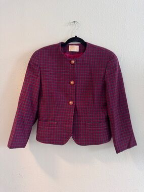 Vintage Wool Pendleton Red & Teal Houndstooth Jacket, Size 8
